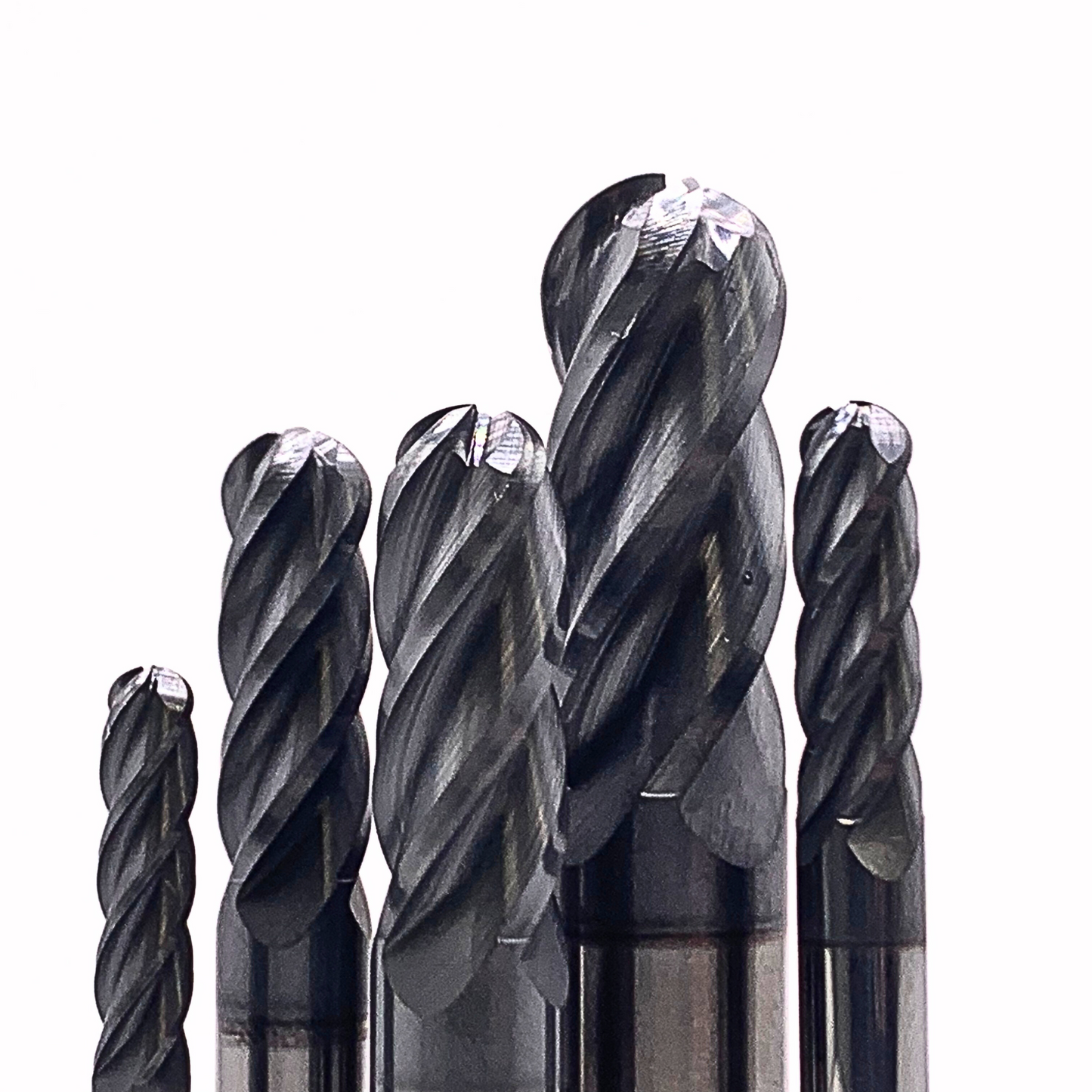 Five ball nosed endmills displayed